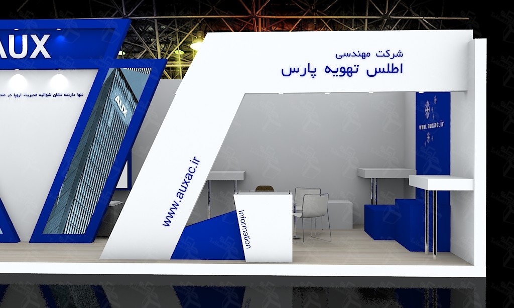 طرح سه بعدی غرفه شرکت مهندسی برج اوج اطلس در نمایشگاه بین المللی آسانسور و پله برقی اصفهان
