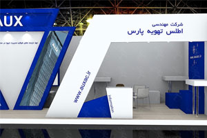 طرح سه بعدی غرفه شرکت مهندسی برج اوج اطلس در نمایشگاه بین المللی آسانسور و پله برقی اصفهان